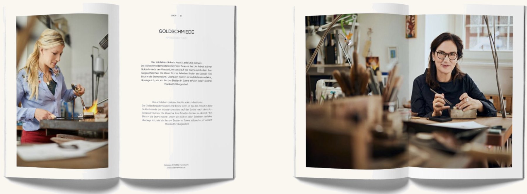 Aufgeschlagene Doppelseiten des transparent CityGuide Pfalz — Rubrik Shop